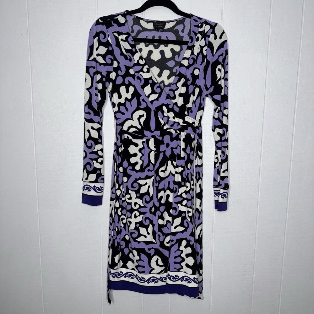 Nicole Miller Women’s Y2K Abstract Floral Faux Wrap Dress Purple Size 4